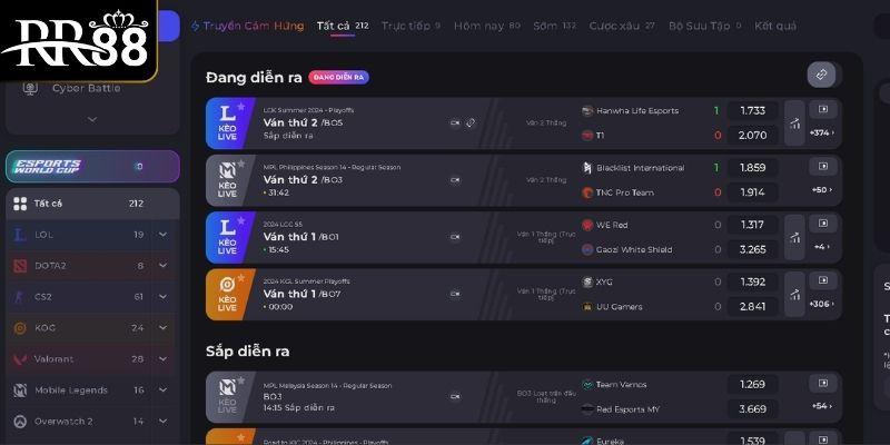 Các tựa game có tại sảnh cược e-sports RR88